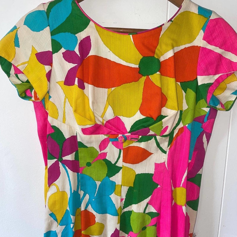 Vintage 1960s Hawaiian Maxi Dress Muumuu Cotton Linen Floral Regency Tiki